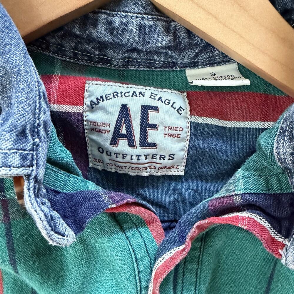 Vintage 90’s American Eagle Plaid Denim Collar Button Up Long Sleeve Men’s Sz S - Picture 7 of 10